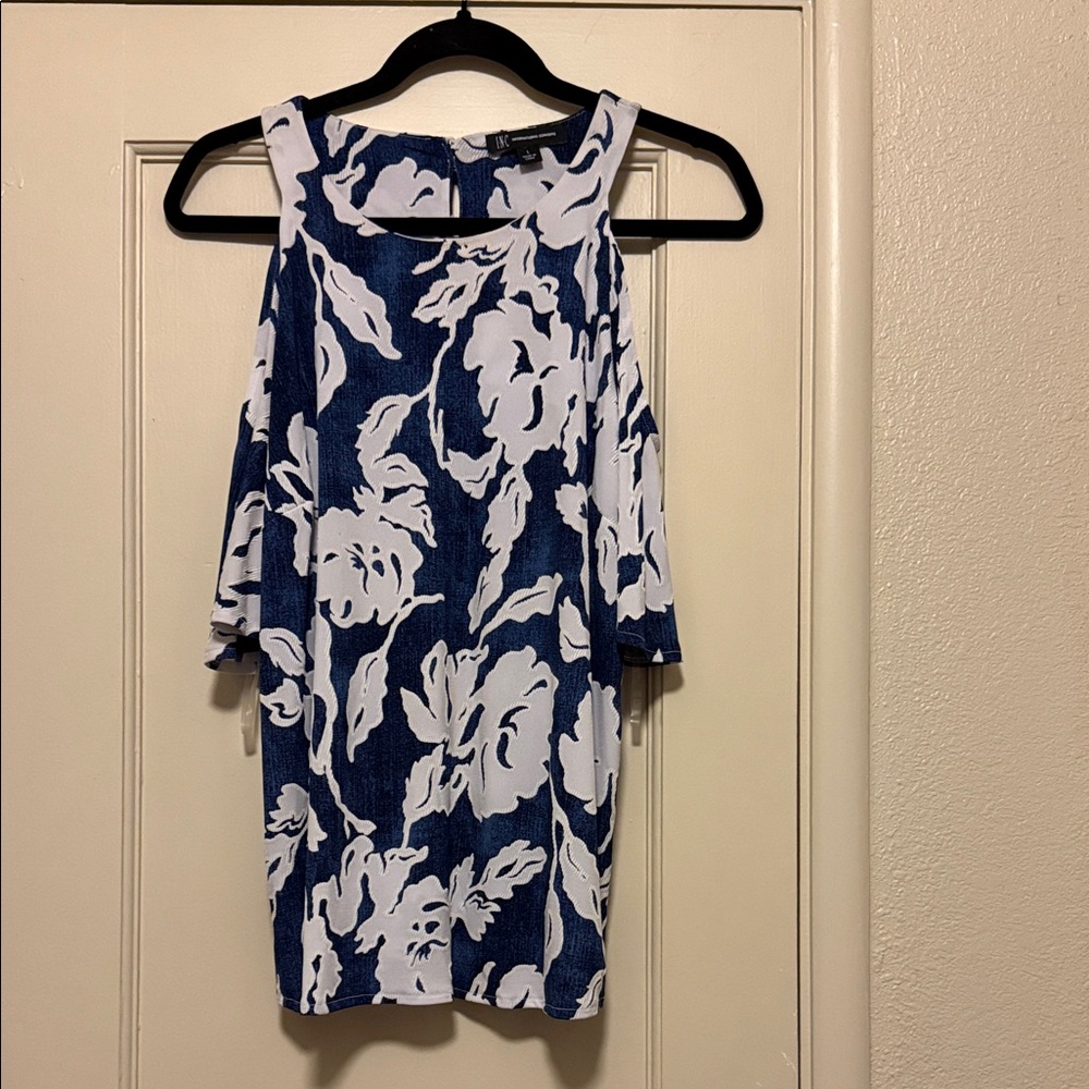 INC Blue and White Floral Cold Shoulder Top